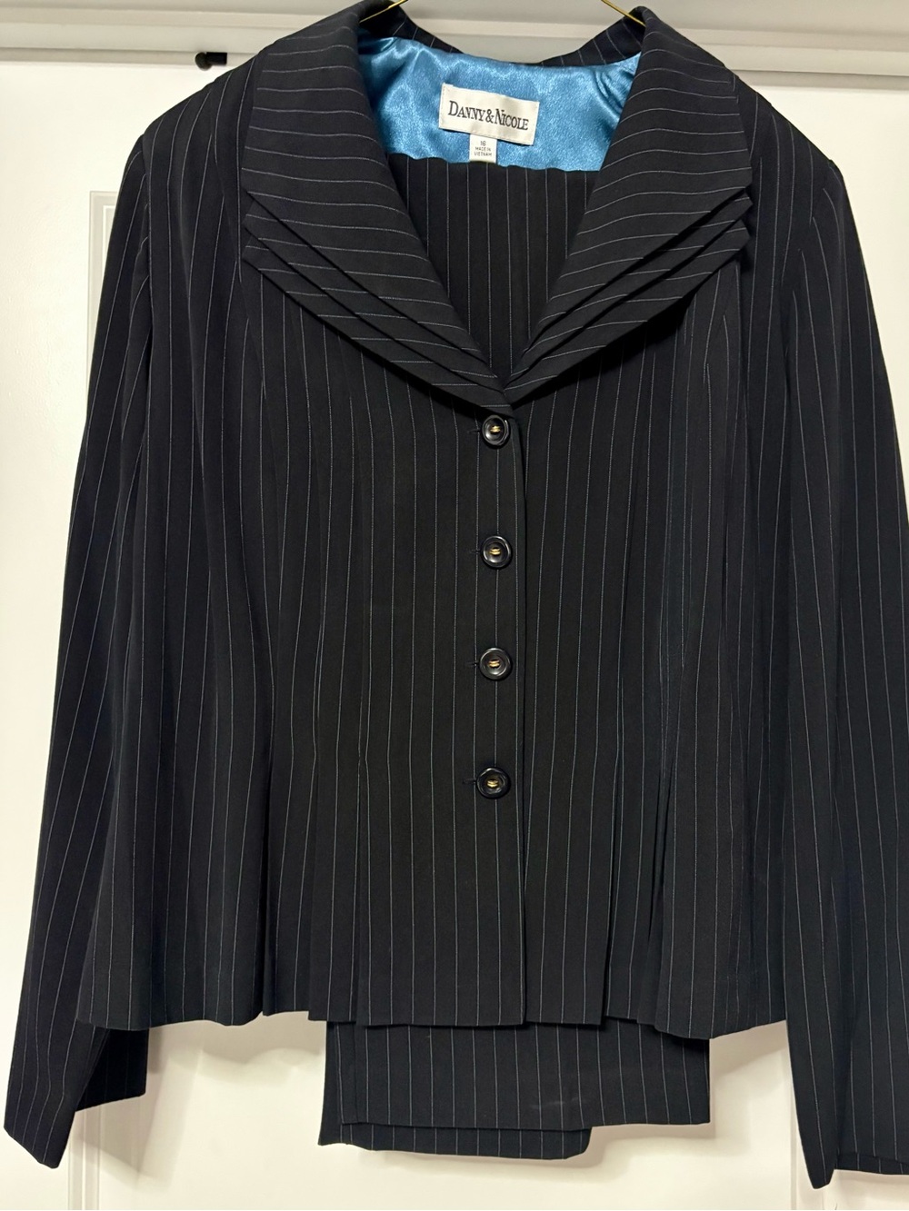 Danny & Nicole 2-Piece Navy Blue Pinstripe Pleated Collar Blazer & Trouser Set